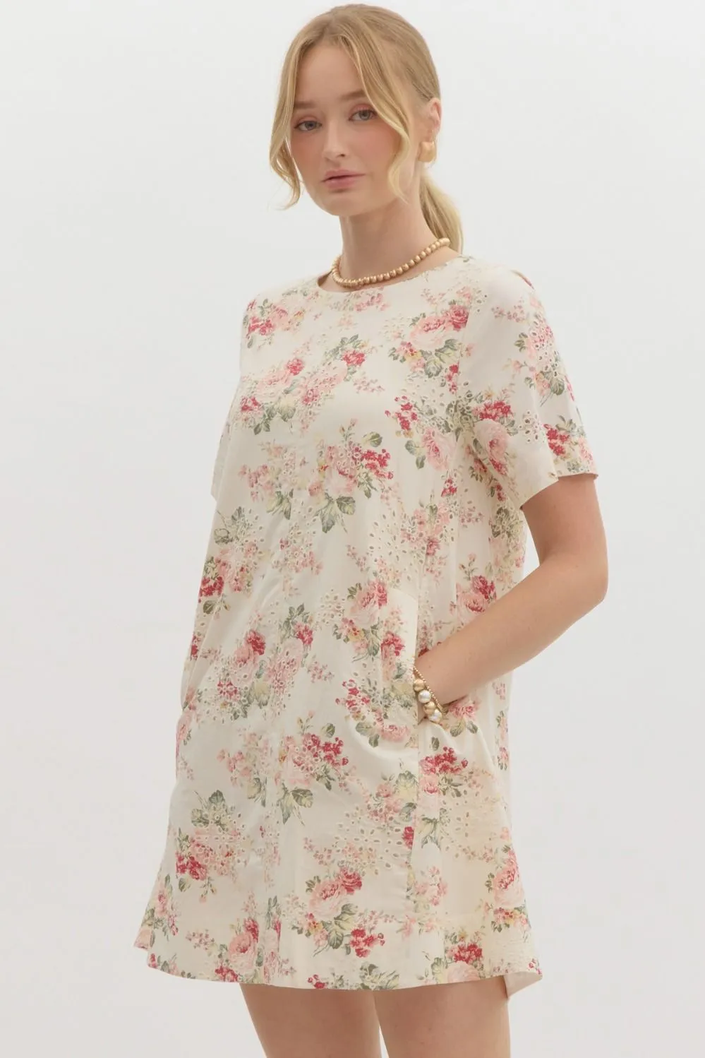 Embroidered Eyelet Floral Print Mini Dress by Entro