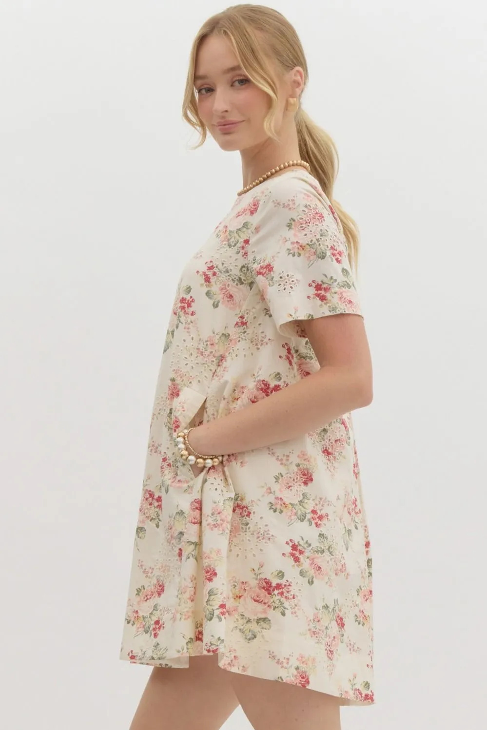 Embroidered Eyelet Floral Print Mini Dress by Entro