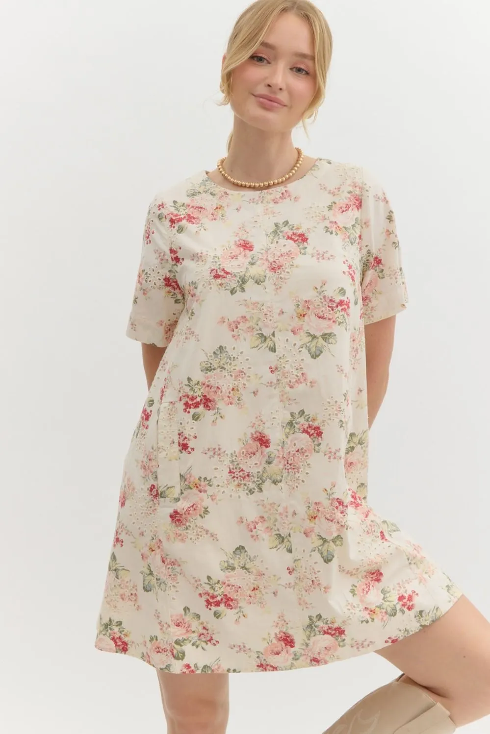 Embroidered Eyelet Floral Print Mini Dress by Entro