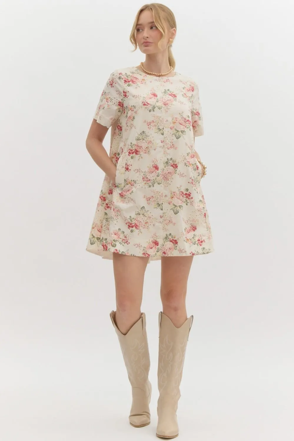 Embroidered Eyelet Floral Print Mini Dress by Entro