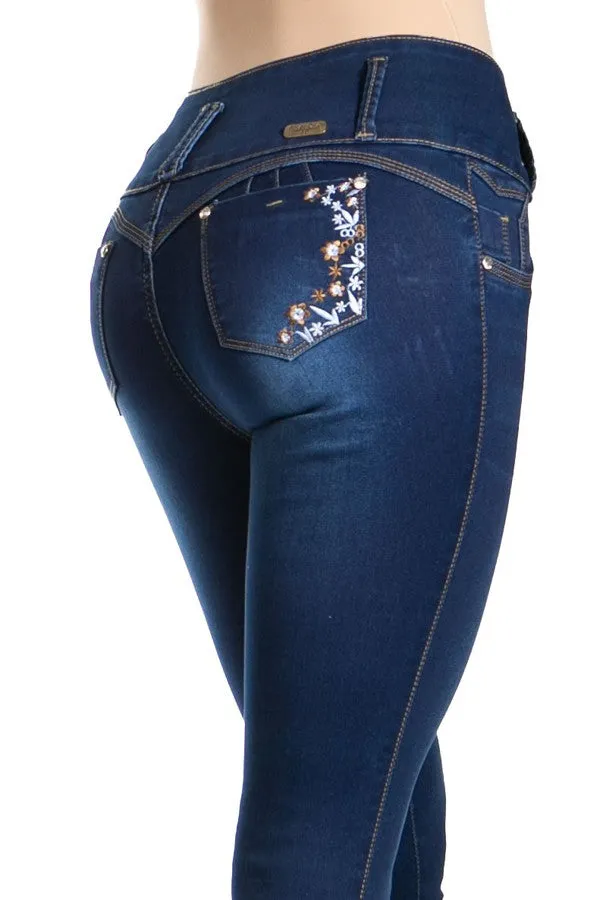 Embroidered Flowers Midi Rise Solid Skinny Jeans