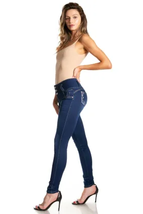 Embroidered Flowers Midi Rise Solid Skinny Jeans