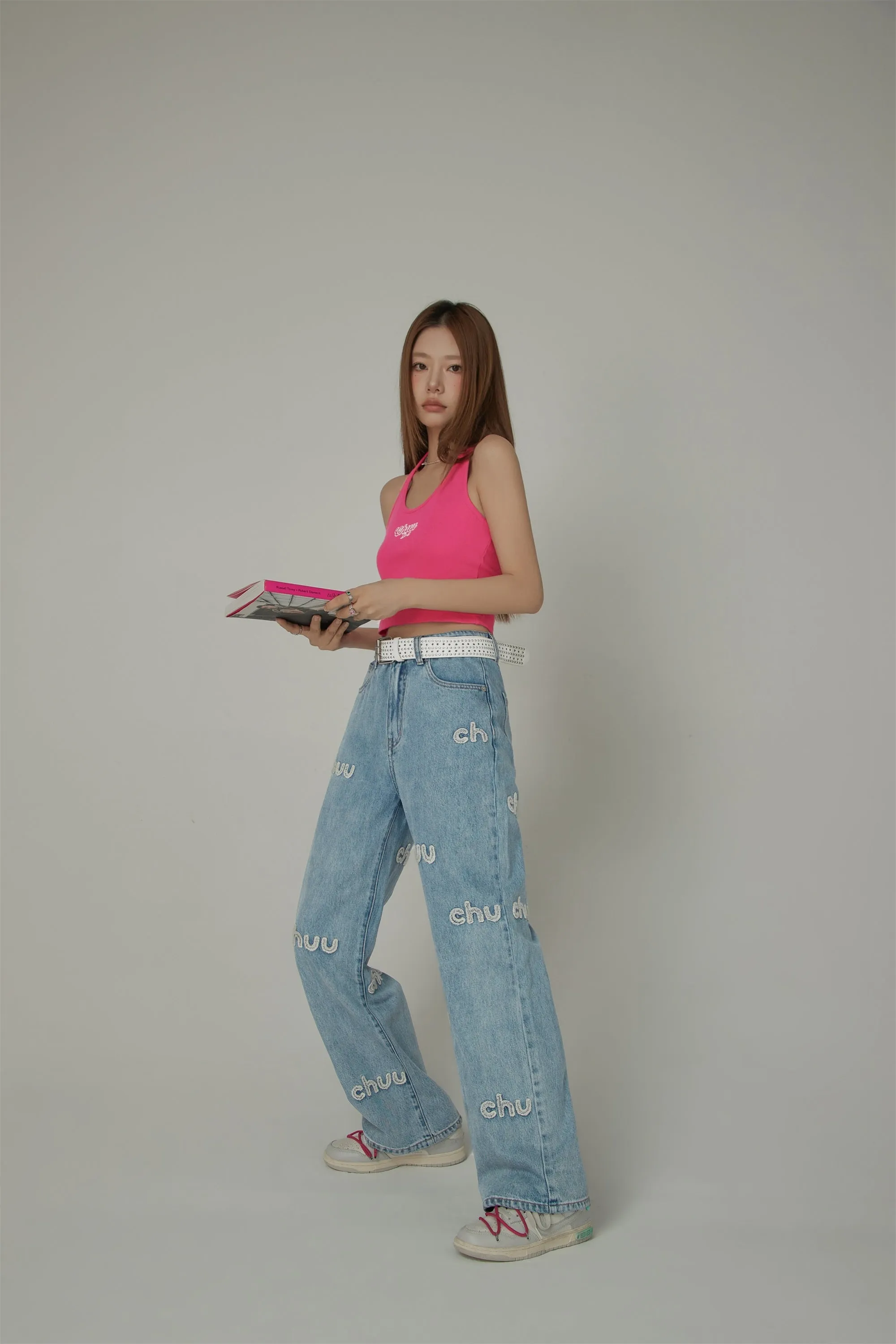 Embroidered Lettering Straight Jeans