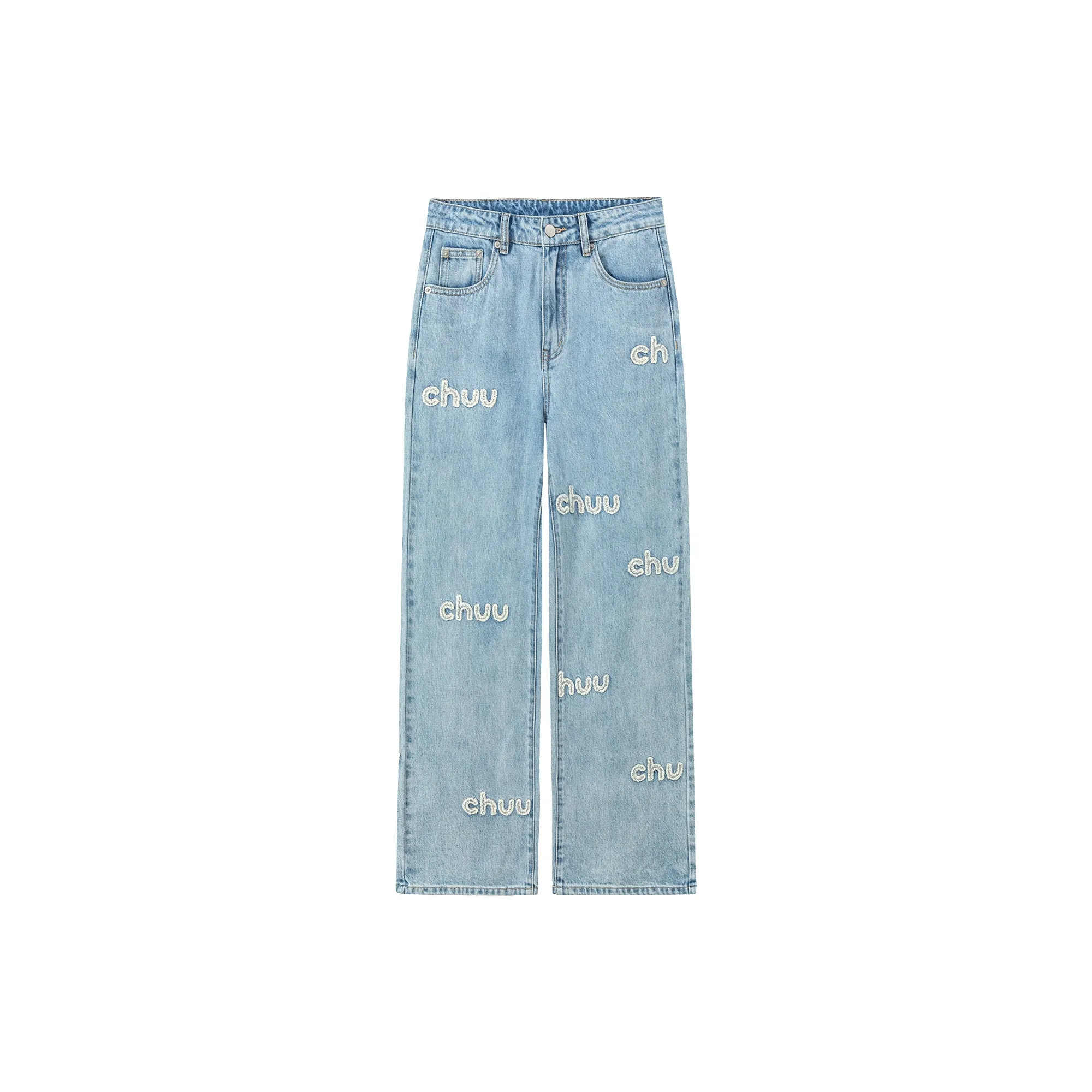 Embroidered Lettering Straight Jeans