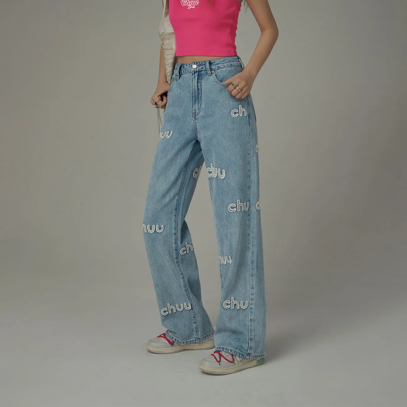 Embroidered Lettering Straight Jeans
