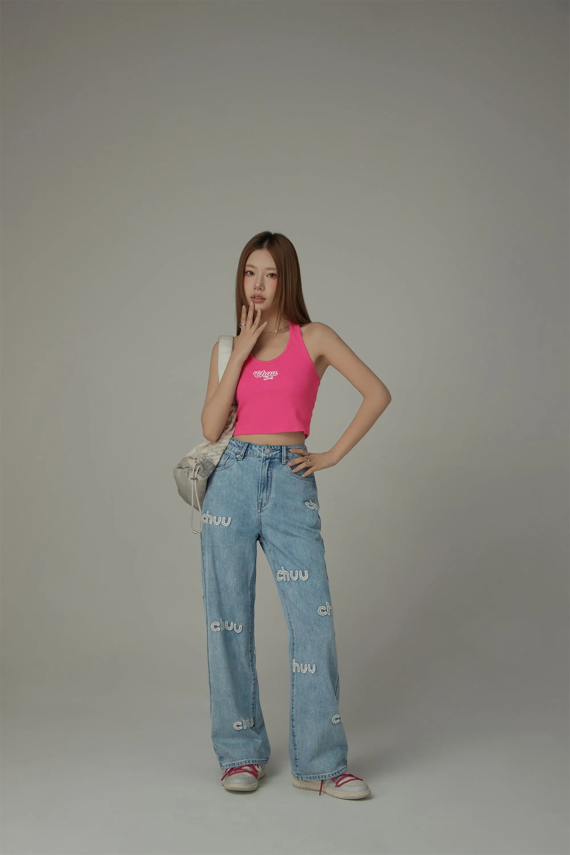 Embroidered Lettering Straight Jeans