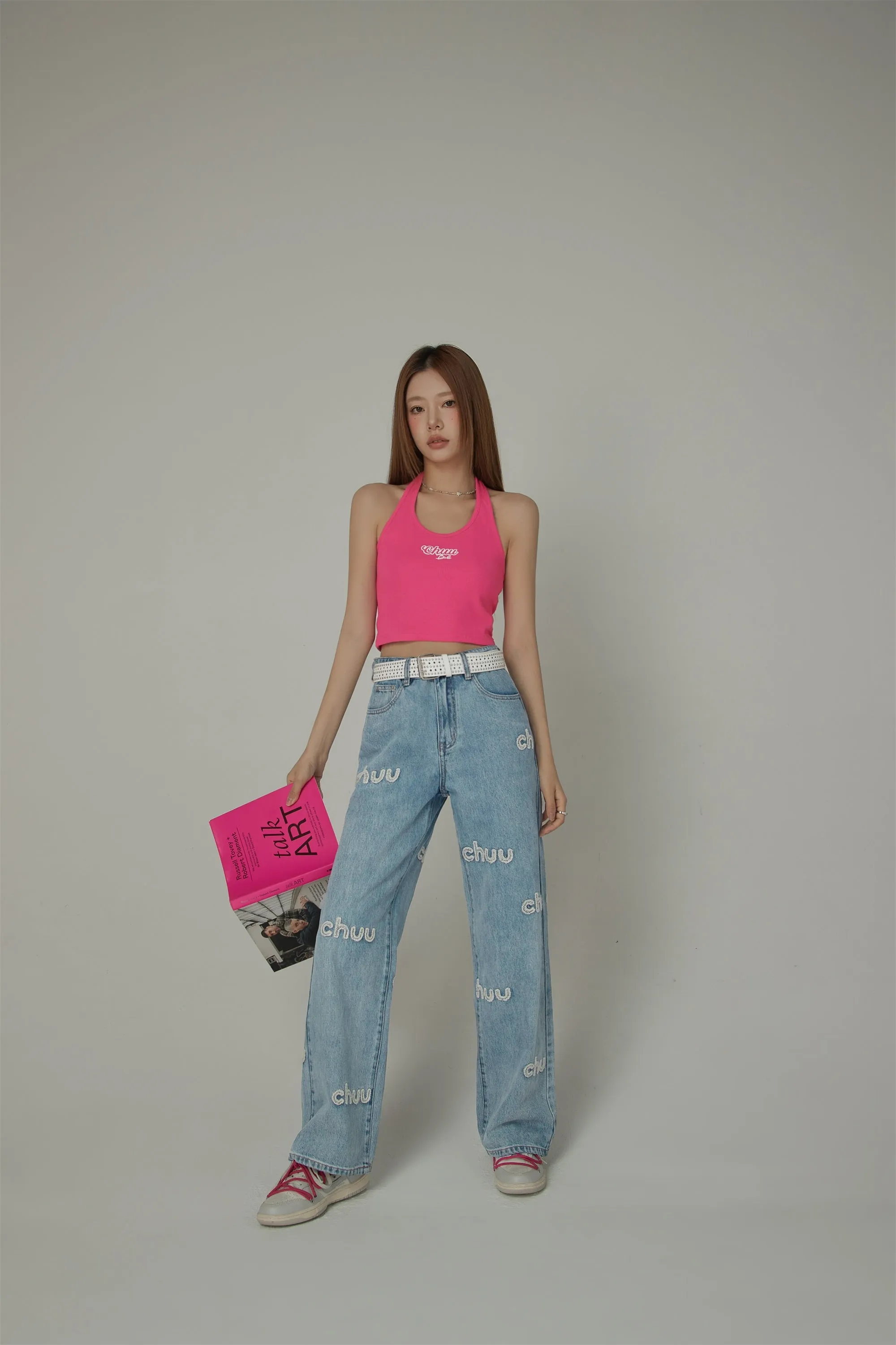 Embroidered Lettering Straight Jeans