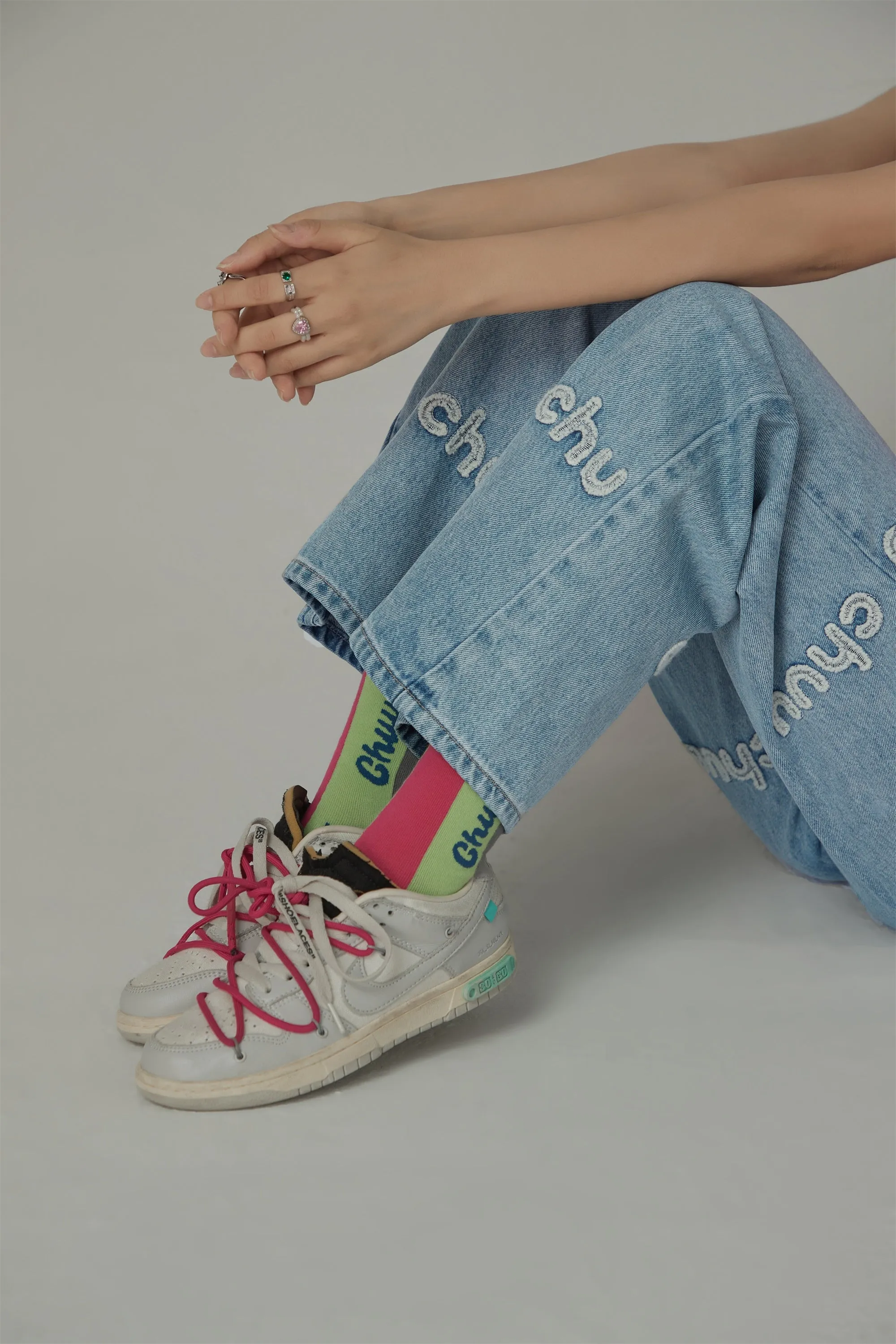 Embroidered Lettering Straight Jeans