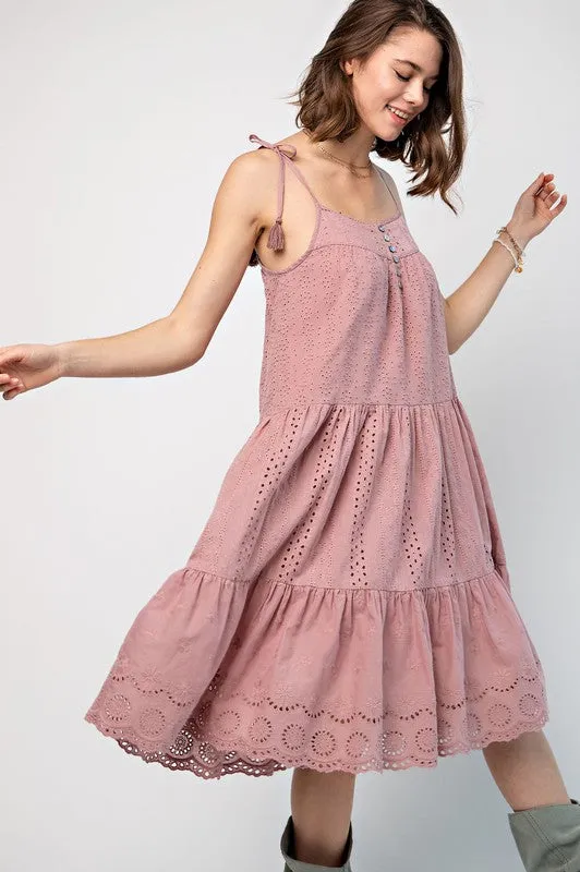 EMBROIDERED TRIM SMOCKED EYELET MAXI DRESS