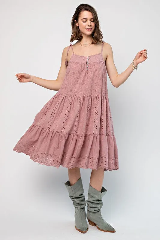 EMBROIDERED TRIM SMOCKED EYELET MAXI DRESS