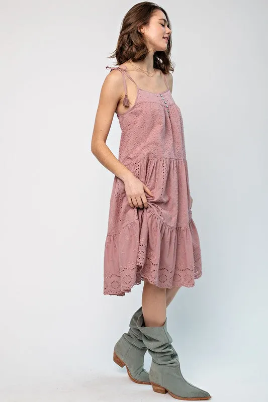 EMBROIDERED TRIM SMOCKED EYELET MAXI DRESS