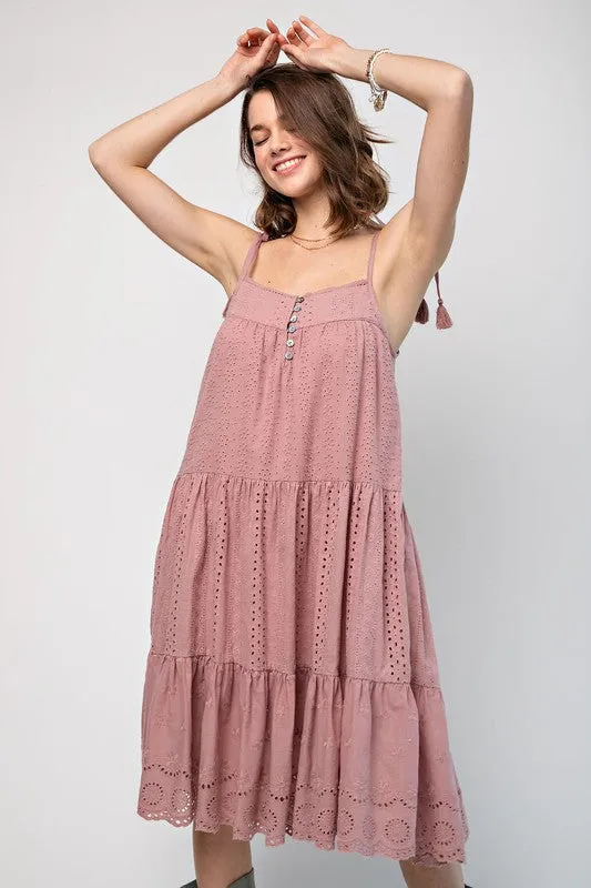 EMBROIDERED TRIM SMOCKED EYELET MAXI DRESS