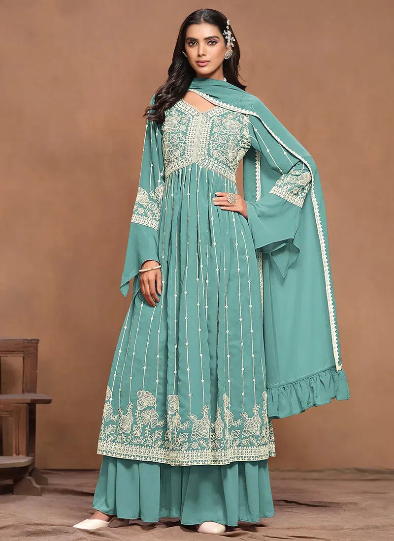 Extraordinary Aqua Blue White Embroidered Kurta Palazzo Suit