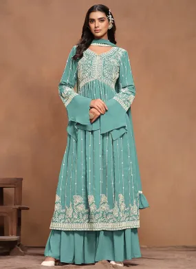 Extraordinary Aqua Blue White Embroidered Kurta Palazzo Suit