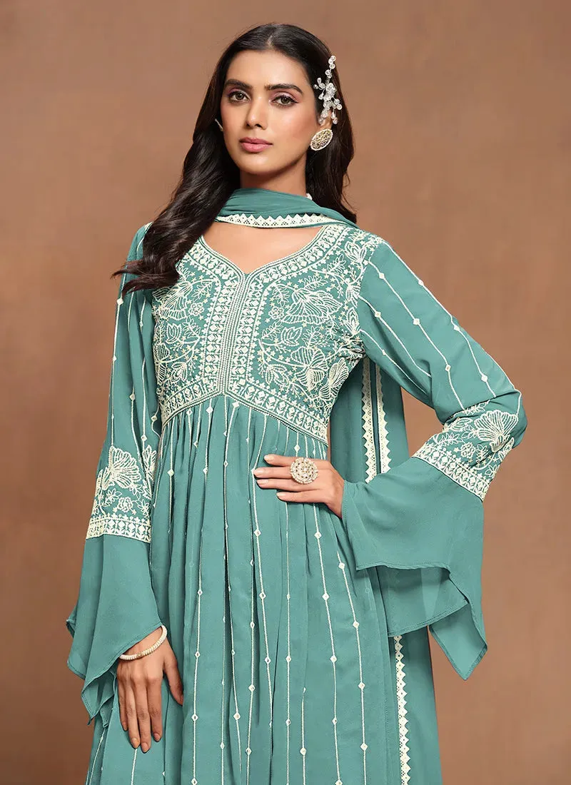 Extraordinary Aqua Blue White Embroidered Kurta Palazzo Suit