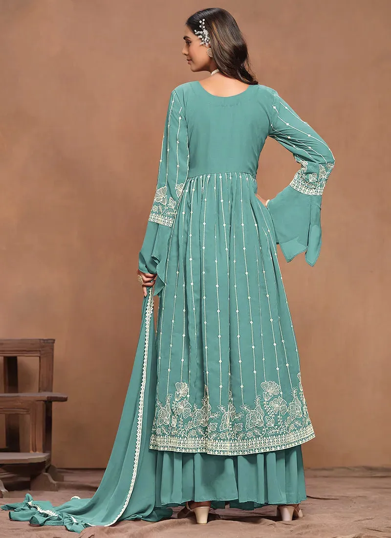 Extraordinary Aqua Blue White Embroidered Kurta Palazzo Suit