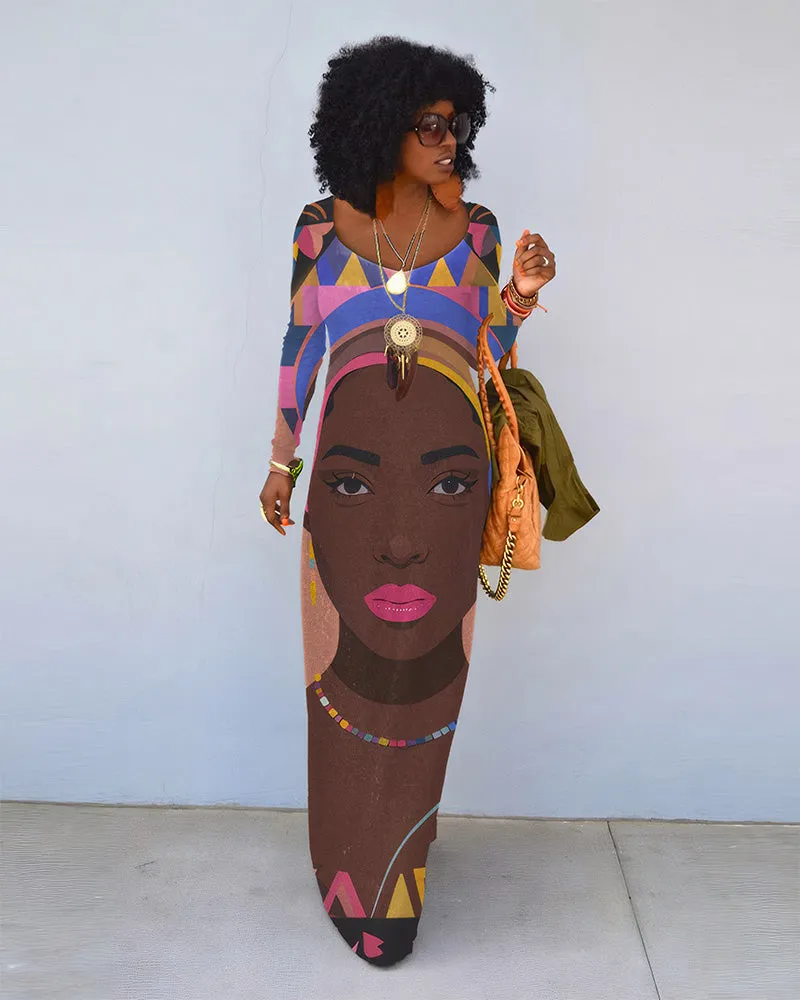 Fashion Black Woman Crew Neck Long Sleeve Dress