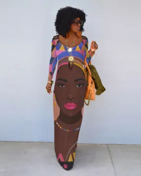 Fashion Black Woman Crew Neck Long Sleeve Dress