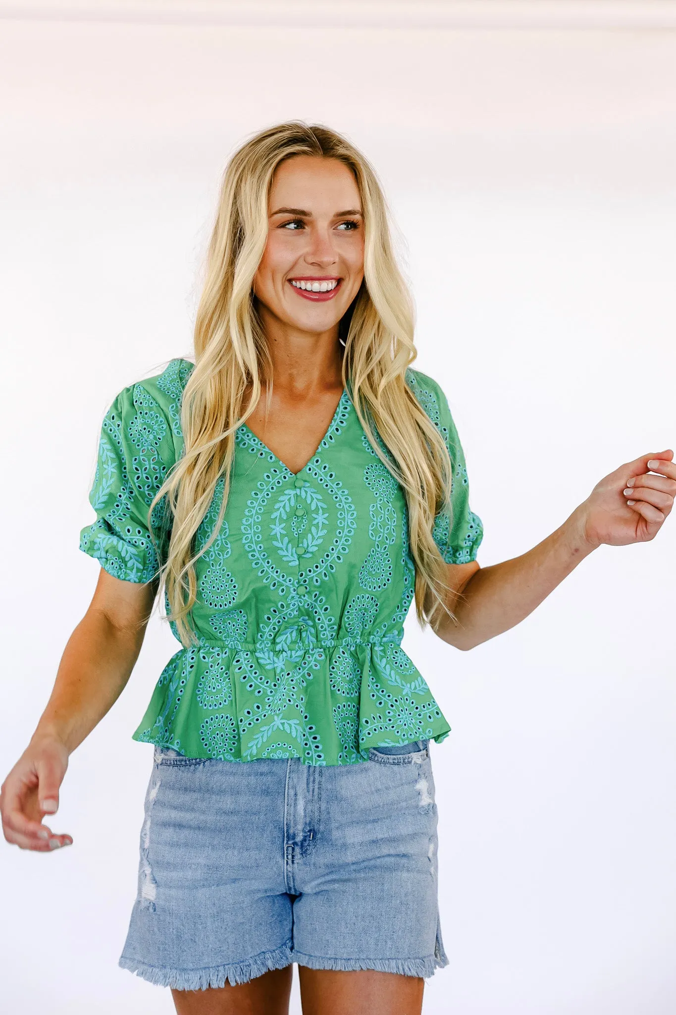 FINAL SALE!! Embroidered Peplum Top in Green