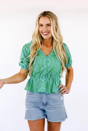 FINAL SALE!! Embroidered Peplum Top in Green