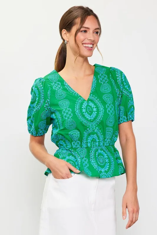 FINAL SALE!! Embroidered Peplum Top in Green