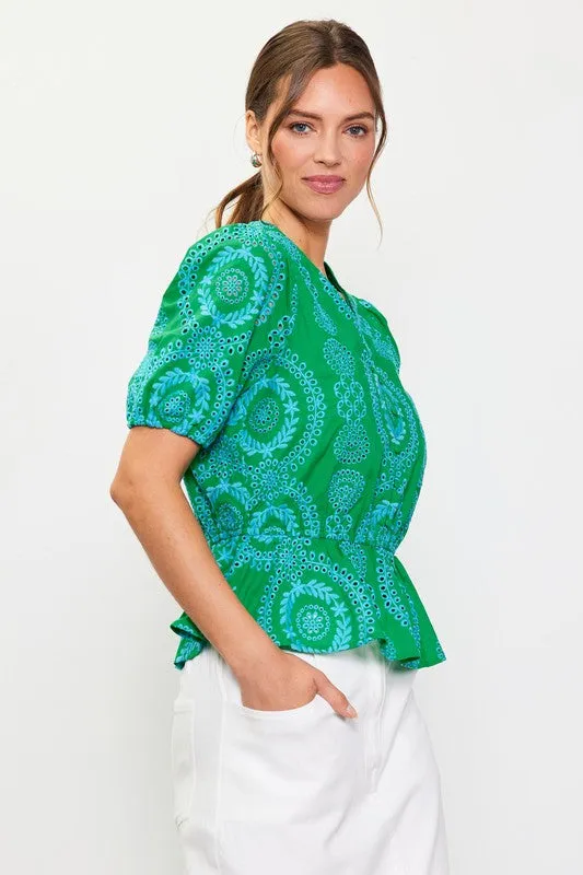 FINAL SALE!! Embroidered Peplum Top in Green