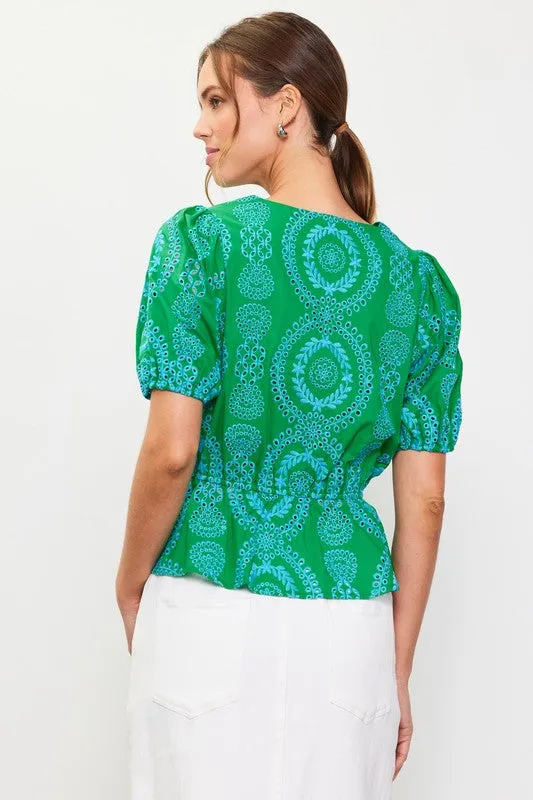FINAL SALE!! Embroidered Peplum Top in Green