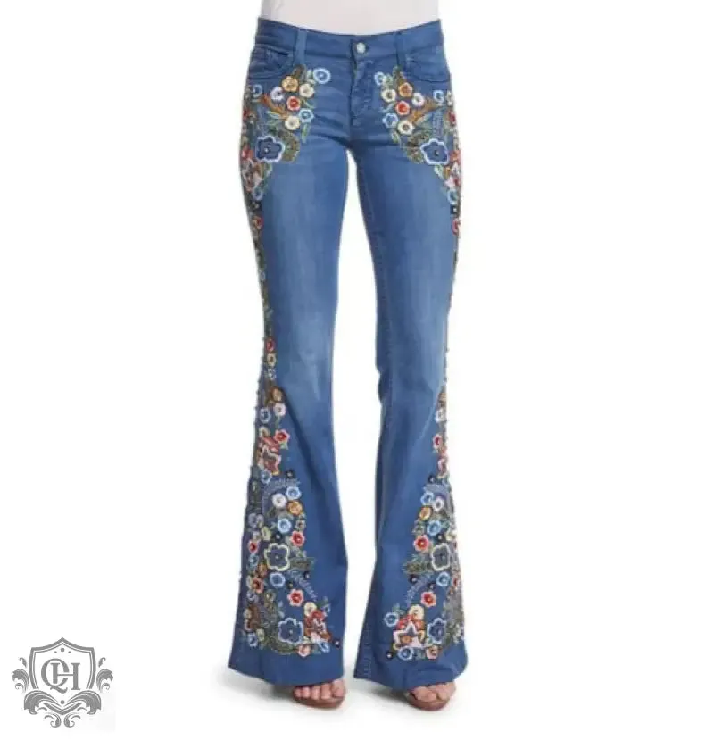 Floral Embroidered Flared Jeans