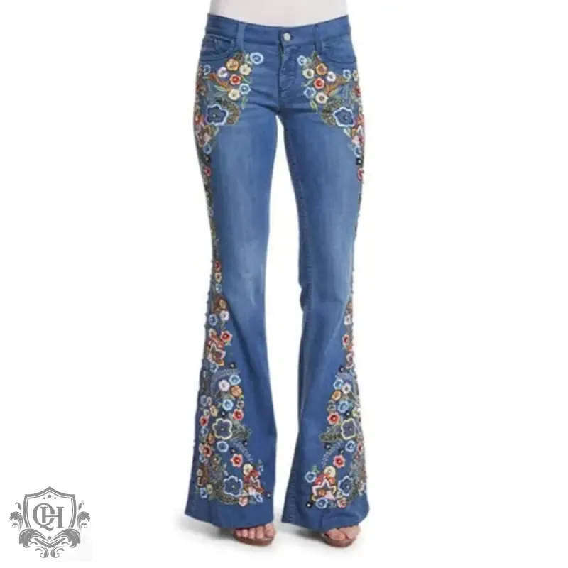 Floral Embroidered Flared Jeans