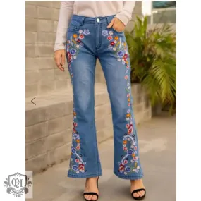 Floral Embroidered Flared Jeans