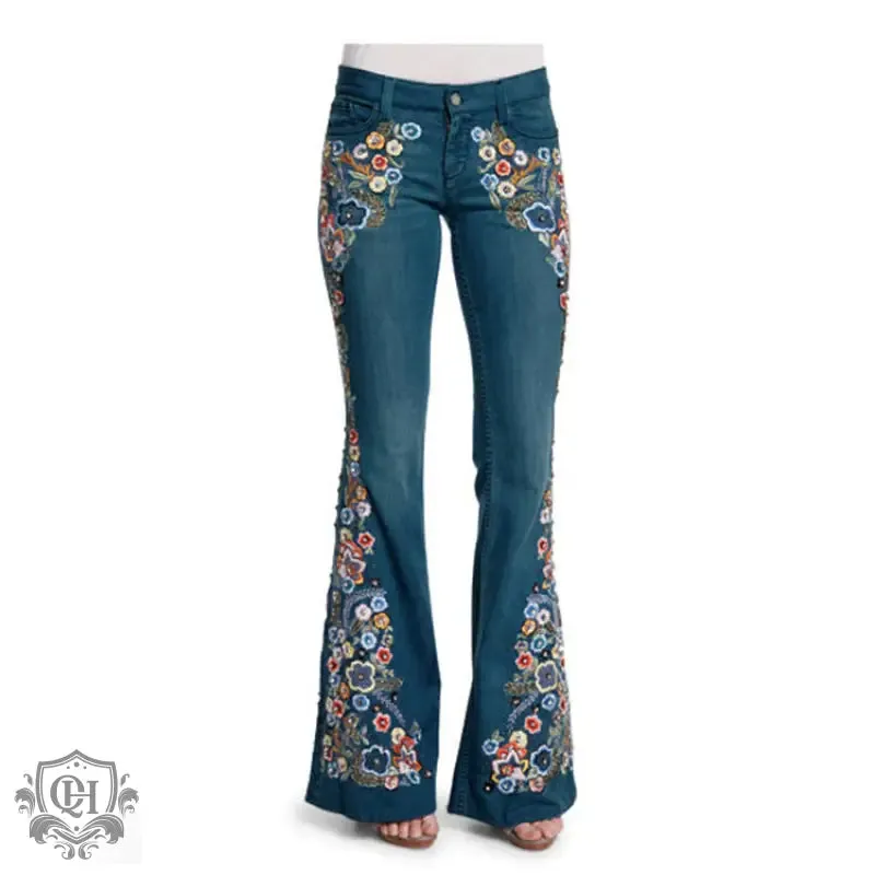 Floral Embroidered Flared Jeans