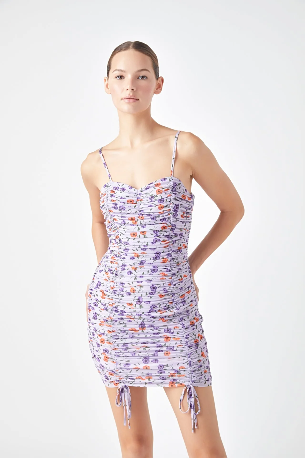 Floral Mesh Mini Dress with Ruched Detail