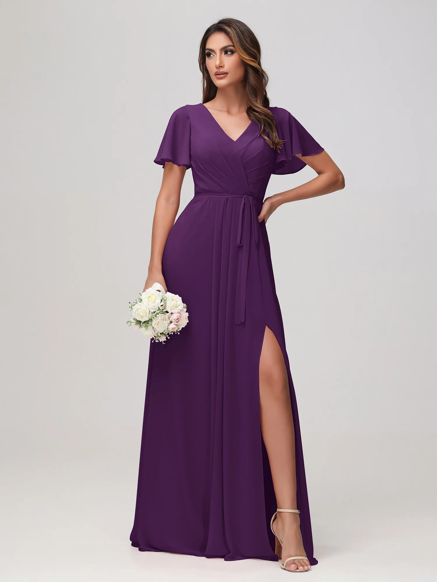 Flutter Sleeves Ruched Chiffon Dress with Sash Grape