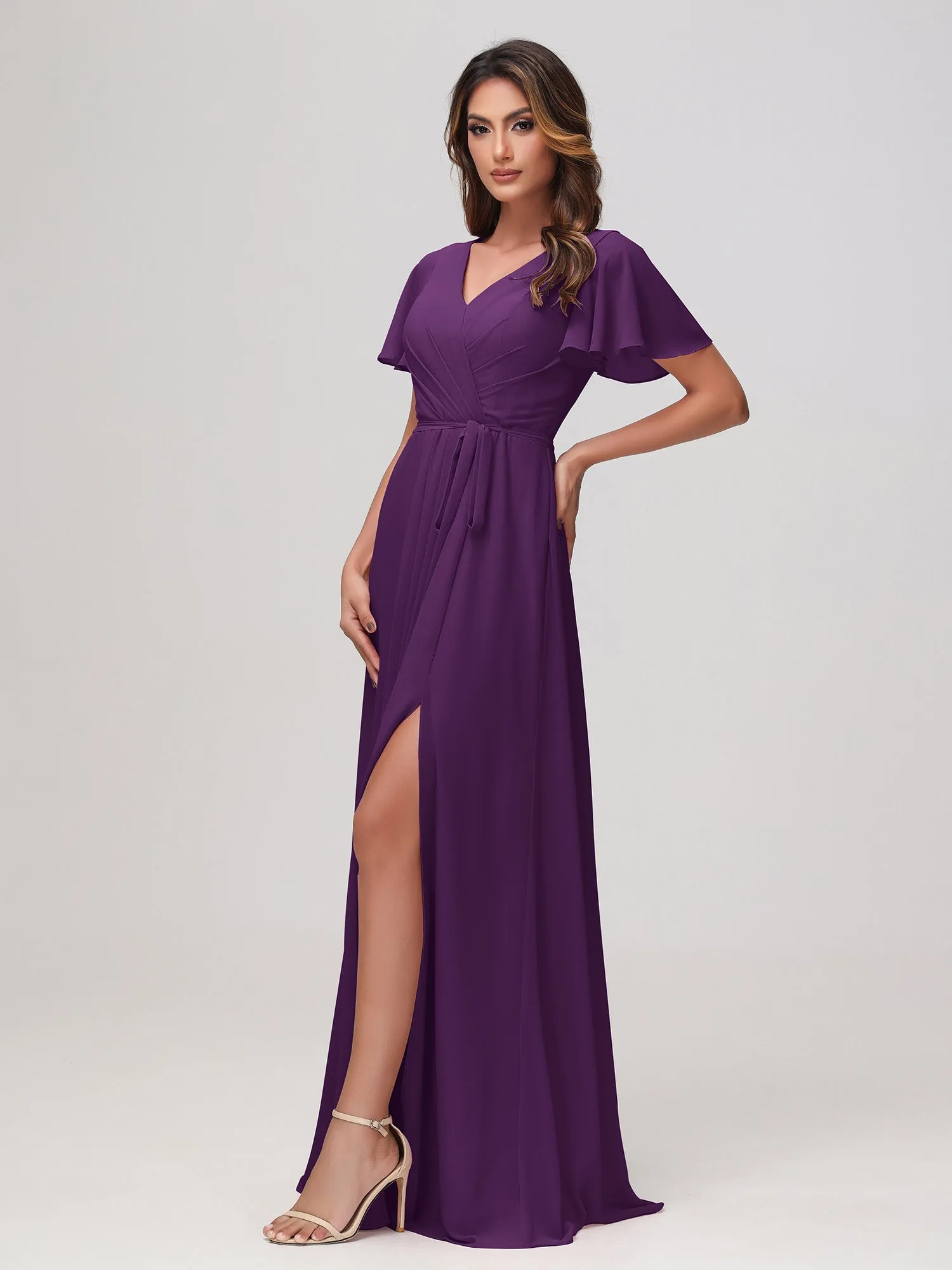 Flutter Sleeves Ruched Chiffon Dress with Sash Grape