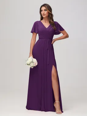 Flutter Sleeves Ruched Chiffon Dress with Sash Grape