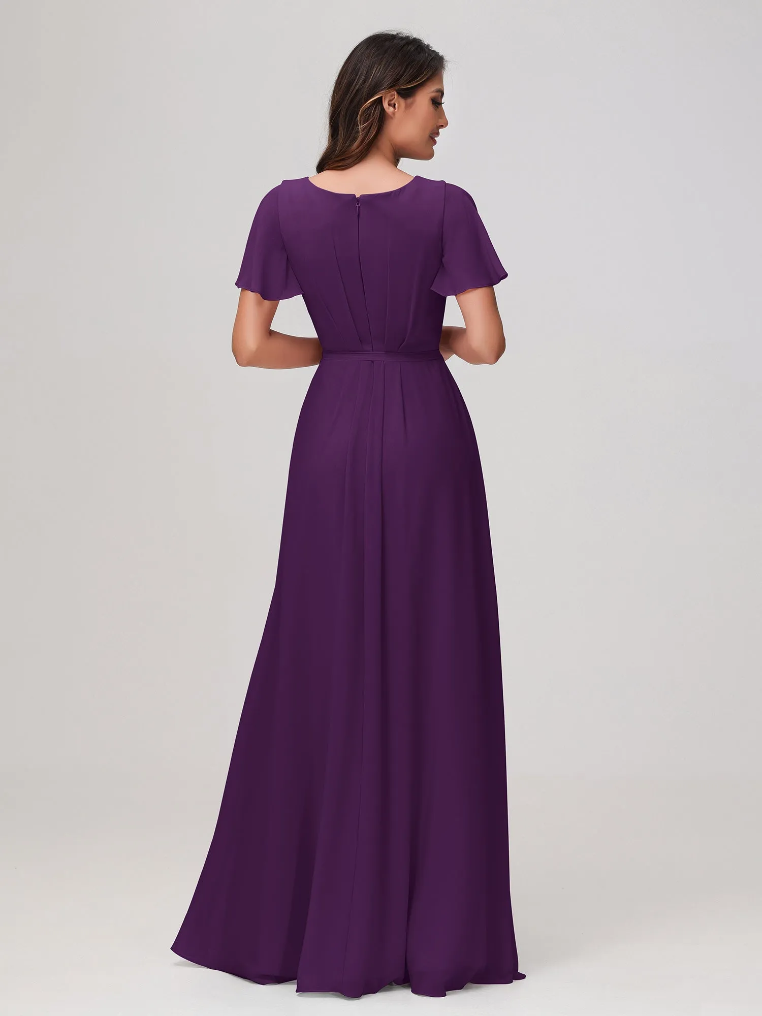 Flutter Sleeves Ruched Chiffon Dress with Sash Grape