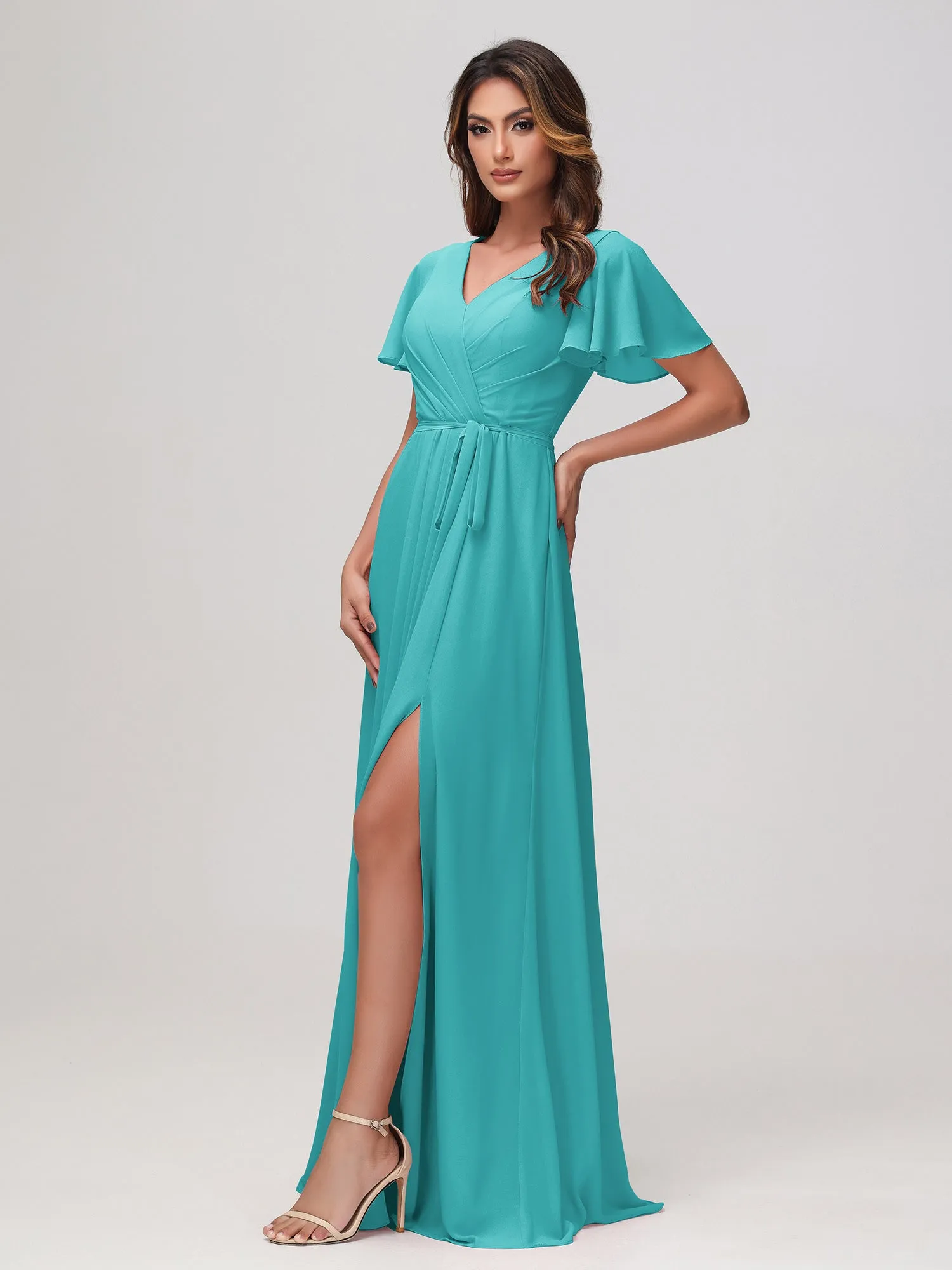 Flutter Sleeves Ruched Chiffon Dress with Sash Jade