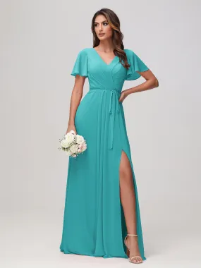 Flutter Sleeves Ruched Chiffon Dress with Sash Jade