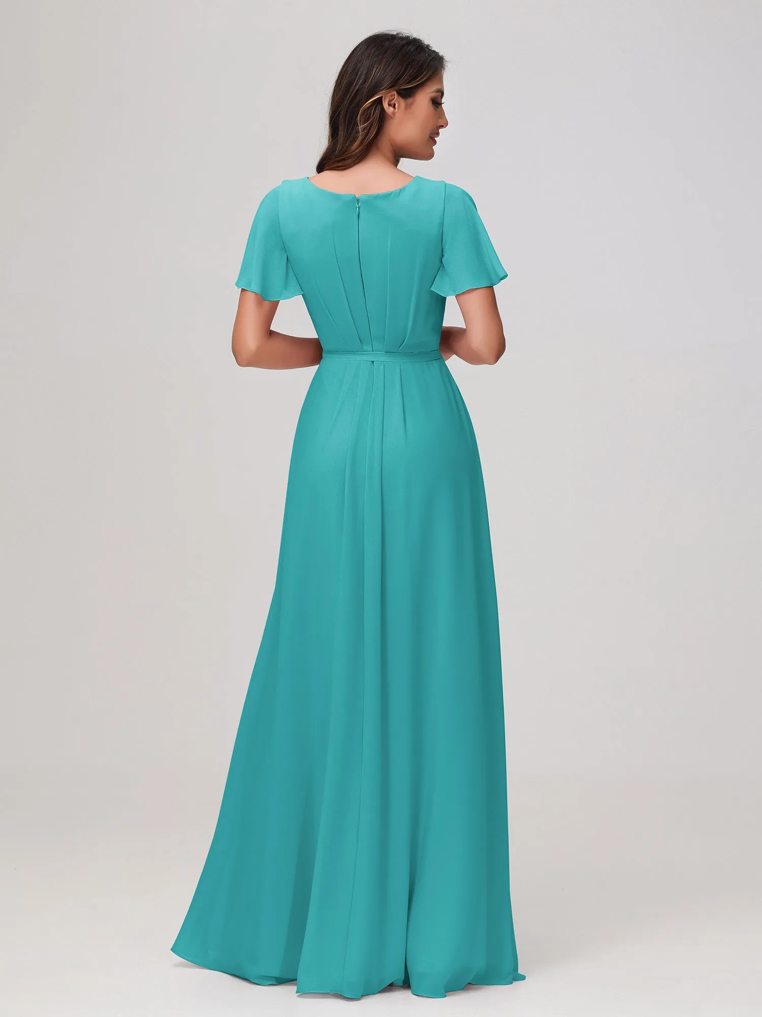 Flutter Sleeves Ruched Chiffon Dress with Sash Jade