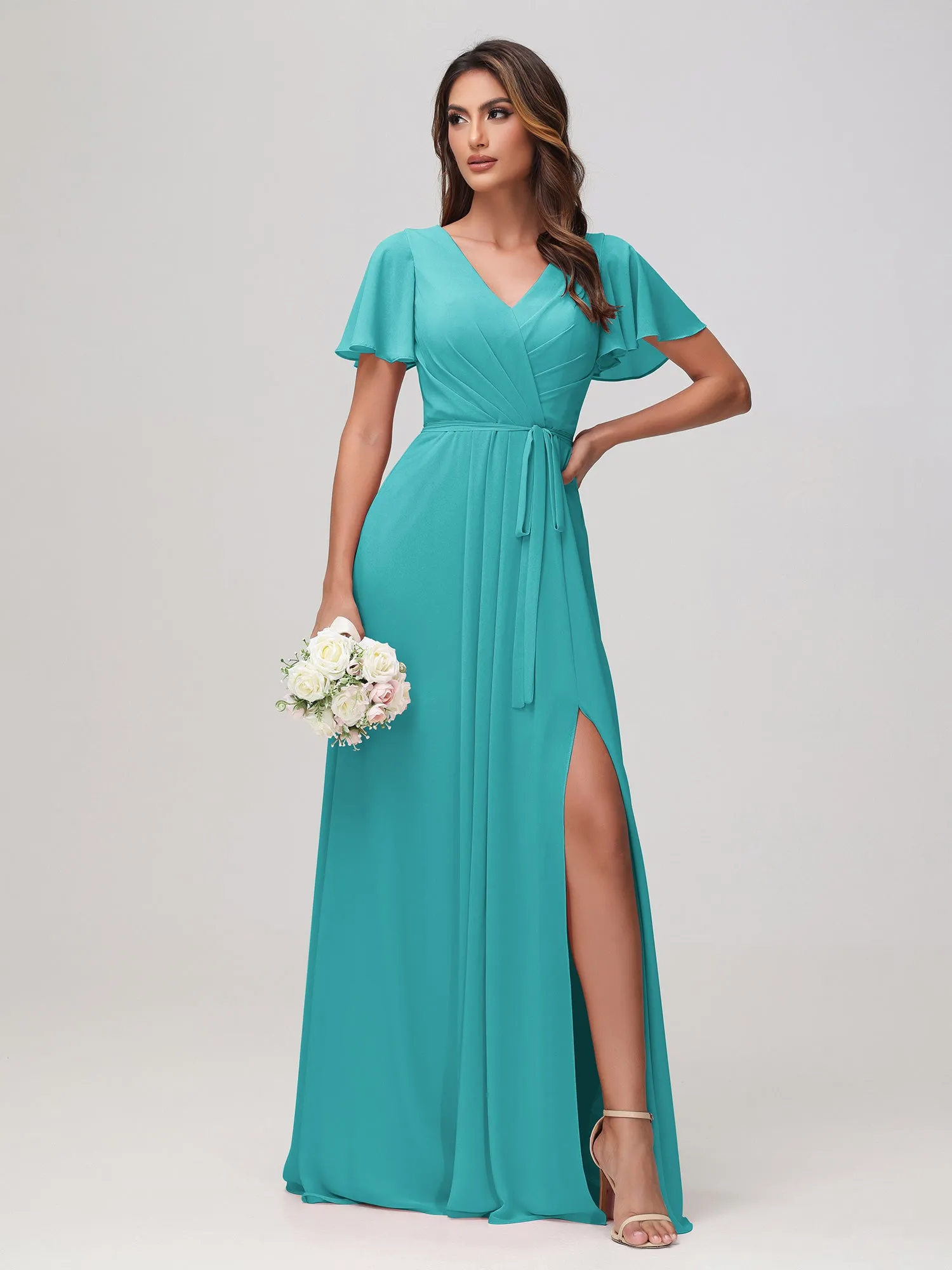Flutter Sleeves Ruched Chiffon Dress with Sash Jade