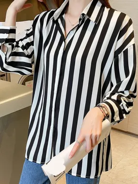 Flytonn-cute winter outfits casual winter outfits christmas outfit party look inspos Long Sleeve Black White Striped Blouse Shirt