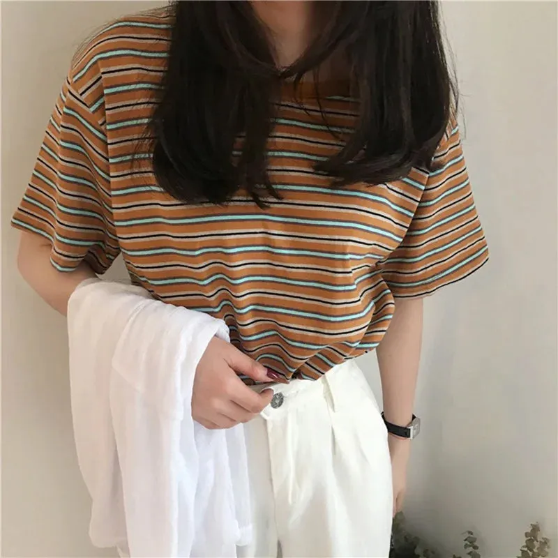 Flytonn-cute winter outfits casual winter outfits christmas outfit party look inspos Short Sleeve O-Neck Striped Shirt