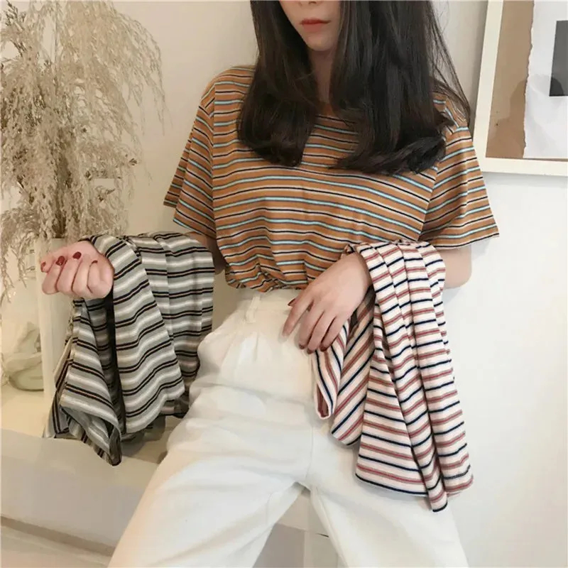 Flytonn-cute winter outfits casual winter outfits christmas outfit party look inspos Short Sleeve O-Neck Striped Shirt