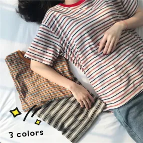 Flytonn-cute winter outfits casual winter outfits christmas outfit party look inspos Short Sleeve O-Neck Striped Shirt