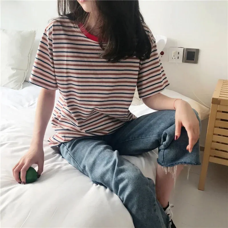 Flytonn-cute winter outfits casual winter outfits christmas outfit party look inspos Short Sleeve O-Neck Striped Shirt