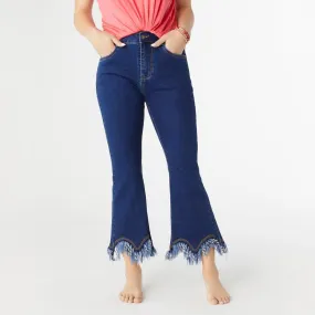 Forever Stretch Flare Crop Scalloped Bottom Denim Jeans