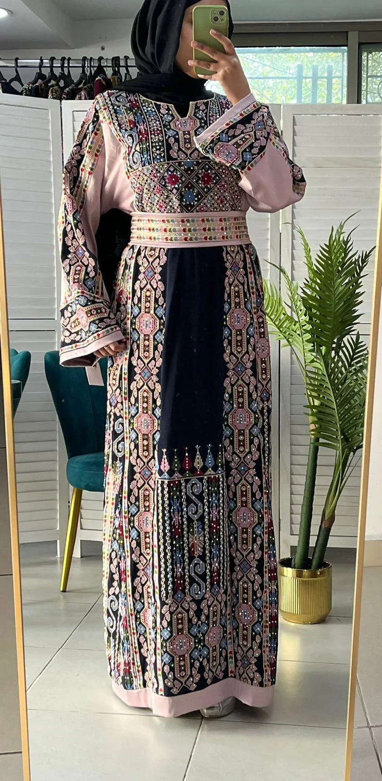 Full of Details Palestinian Embroidered Navy And Pink Thobe Dress Palestinian Embroidery