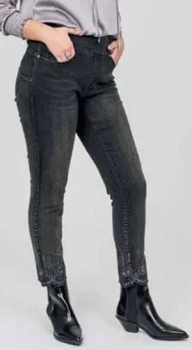 GG JEANS WOMEN'S ANKLE JEANS WITH SCALLOPED EMBROIDERY HEM -  CHARCOAL