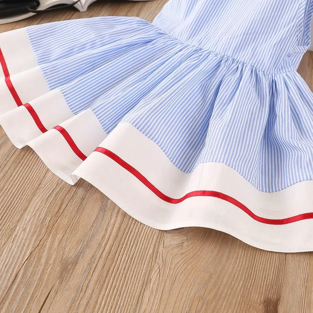 Girls Lapel Striped Dress Sleeveless Cherry Embroidered Princess Dress