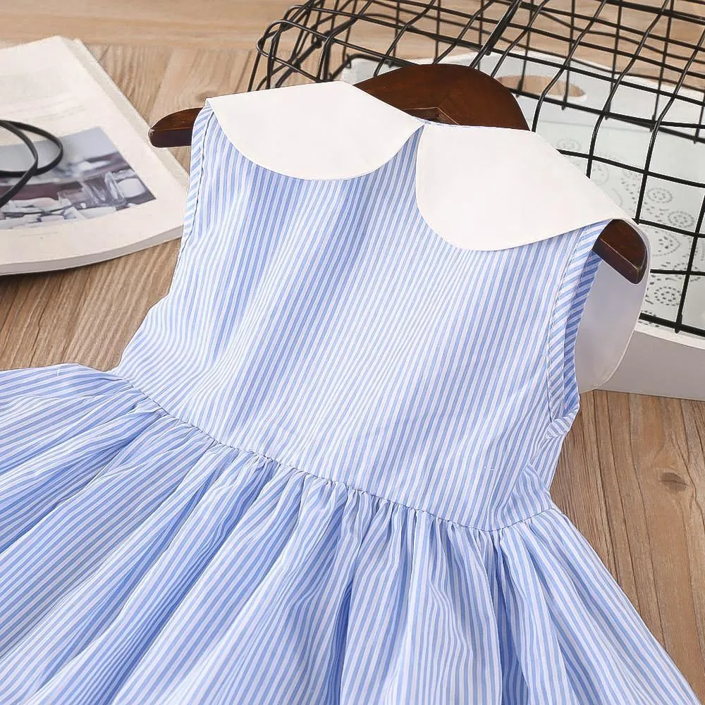 Girls Lapel Striped Dress Sleeveless Cherry Embroidered Princess Dress